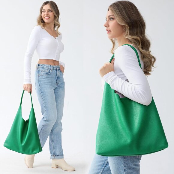 Women Green Imported PU Polyester Leather Hobo Soft Vegan Shoulder Tote Bags - Picture 2 of 6